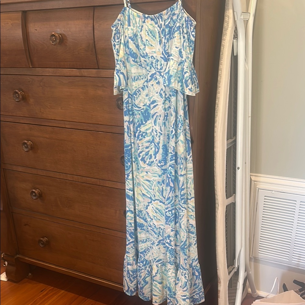 Blue and White Ruffled Sundress with Halter Neckline and 3/4 Sleeves